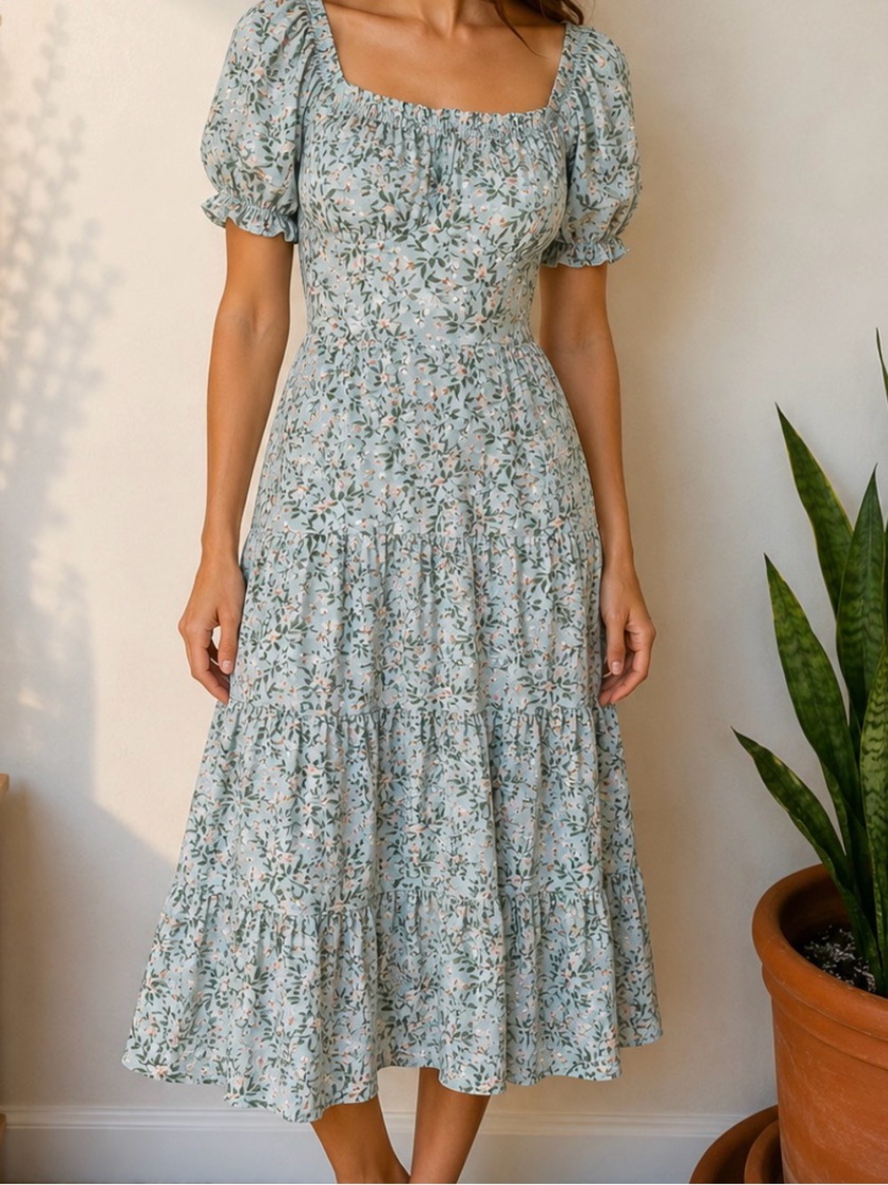 Astr the Label Sage Floral Square-Neck Puff Sleeve Midi Dress